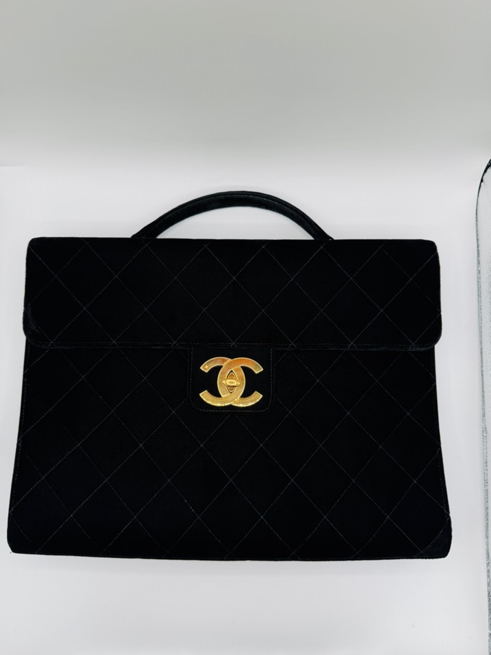 Chanel Authentic Vintage Deep Black Velvet Briefcase Gold Hardware, 1994-1996